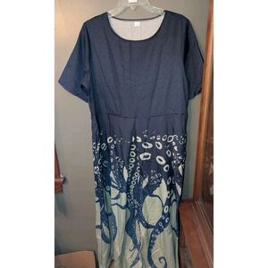 Octopus Women's SS Full Length Maxi Dress Blue Green Size Large Sea Creature